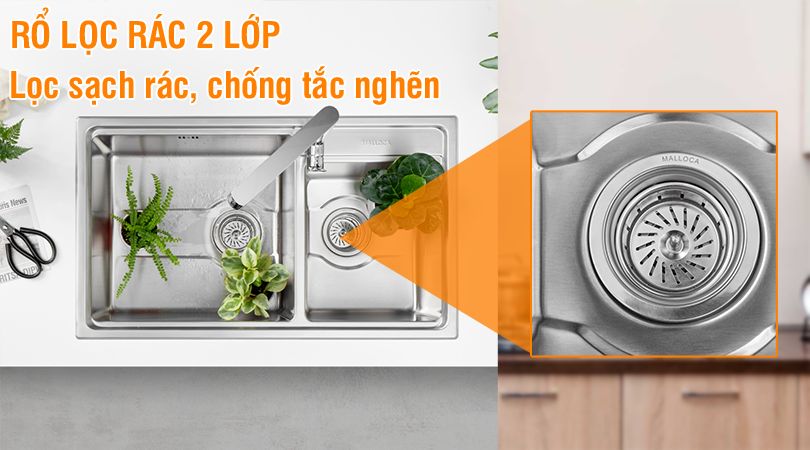 Chậu rửa chén Malloca MS 5082W - Rổ lọc rác 2 lớp tiện lợi